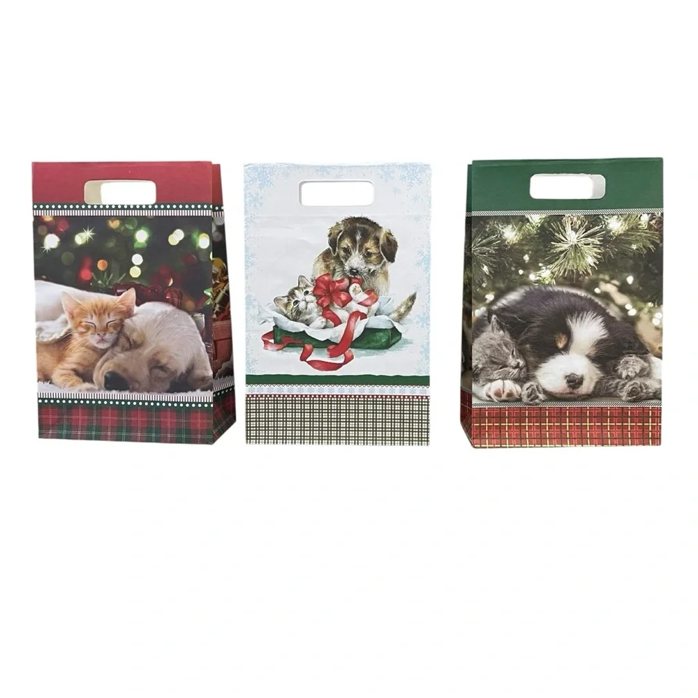 Assorted Small Holiday Themed Paper Gift Bags Animals Birds Santa Bundle of Six